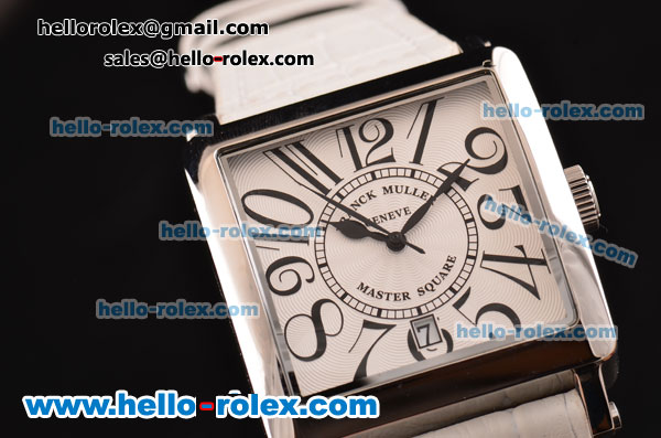 Franck Muller Master Square Swiss Quartz Steel Case with White Dial Numeral Markers and White Leather Strap - Click Image to Close